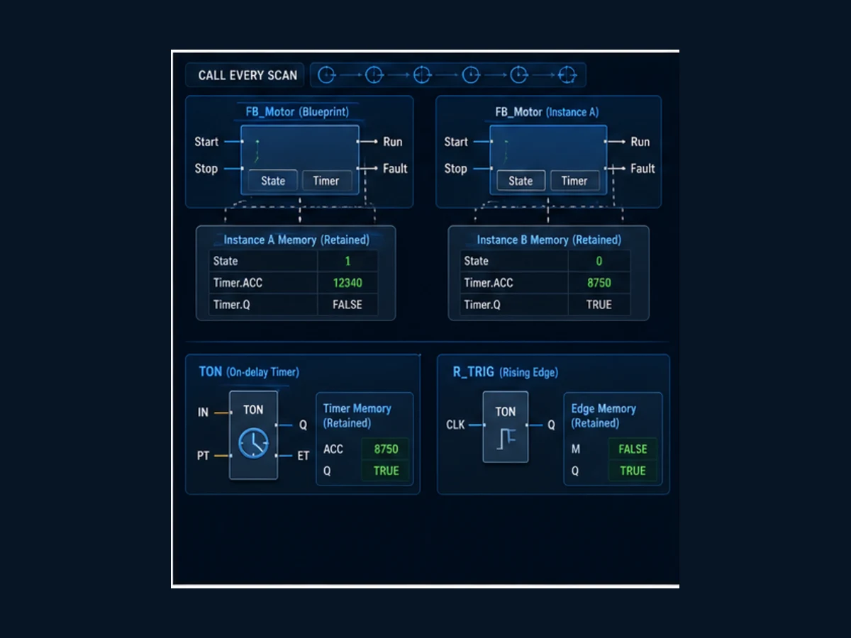 Two CODESYS function block instances with separate state and timer memory plus TON and rising-edge instance behavior called every scan