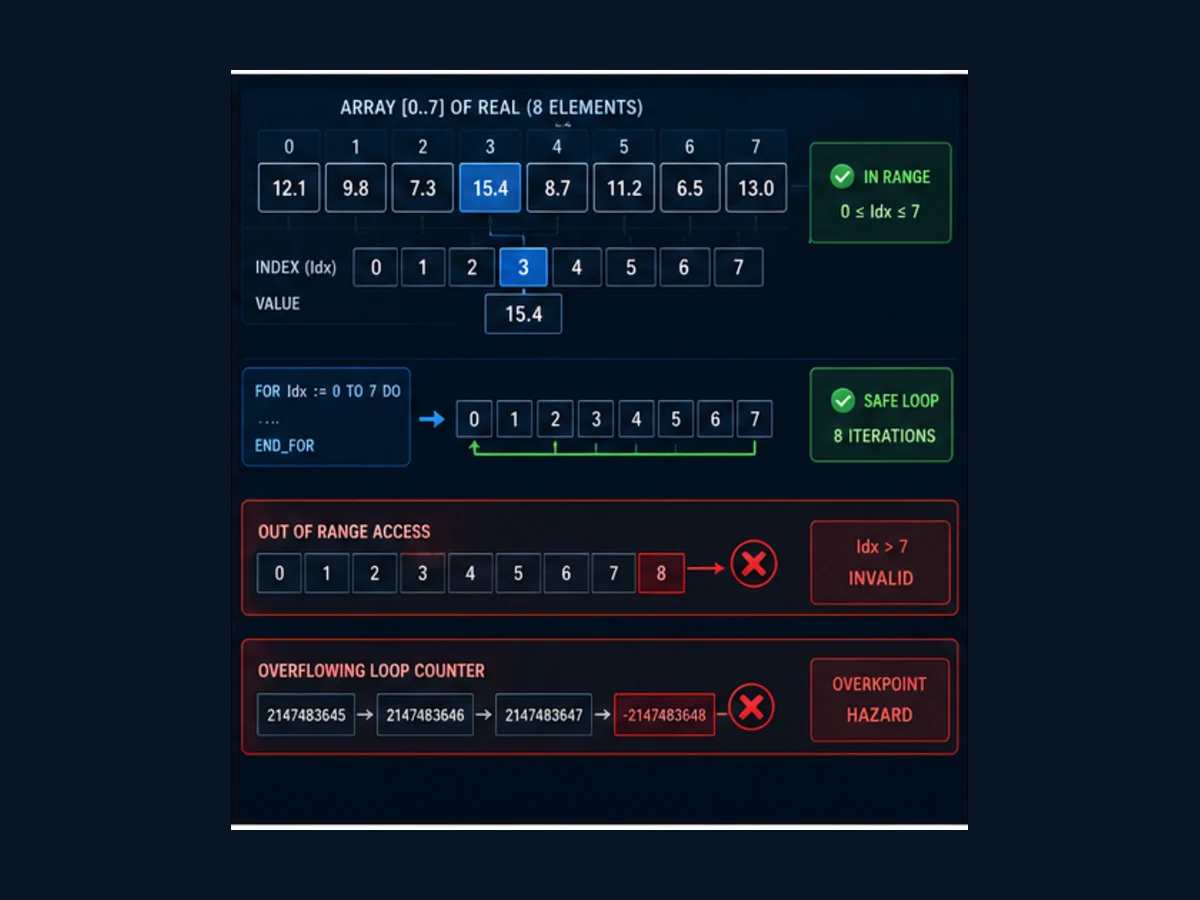 Bounded CODESYS Structured Text array loop with eight valid cells index guard aggregation and blocked out-of-range and counter-overflow paths