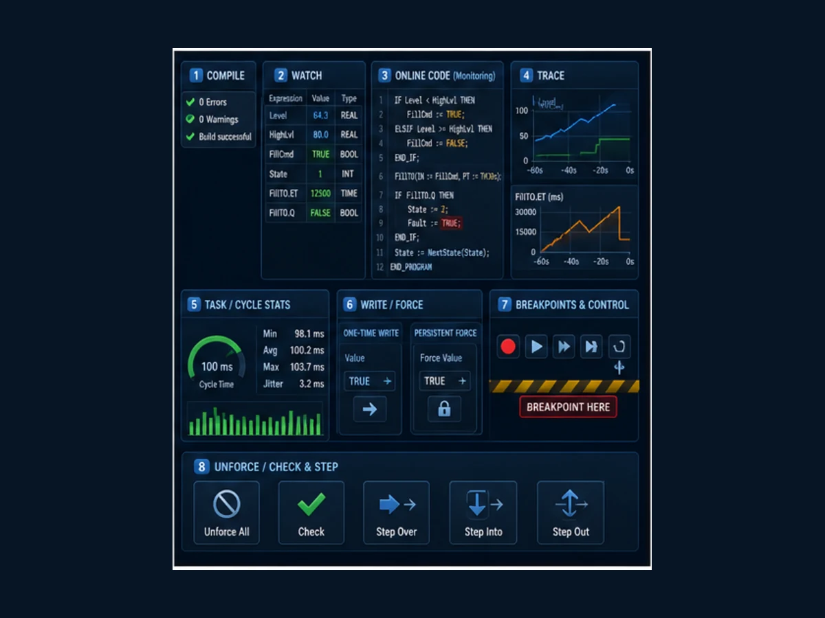CODESYS online debugging cockpit with build messages watch and inline values trace task cycle statistics write versus force controls breakpoint barrier and unforce check