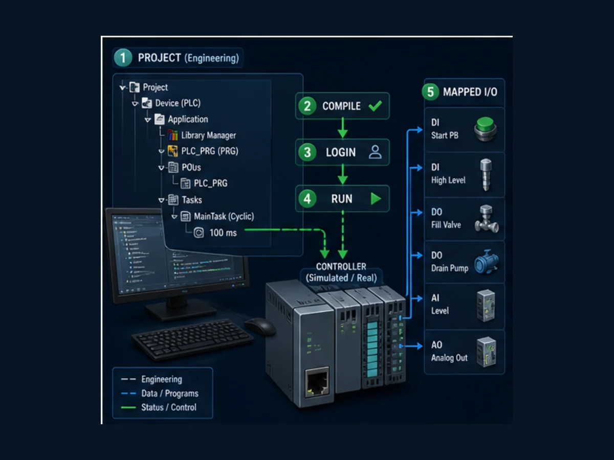 Conceptual CODESYS Structured Text project flow from device and application through program POU cyclic task build login controller and mapped I O