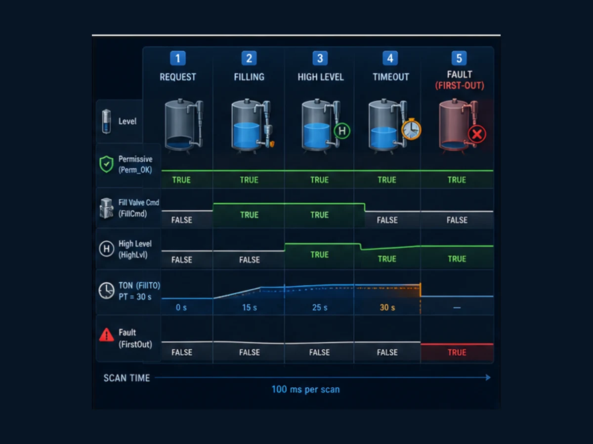 Five-step CODESYS tank control scan trace showing start permissive filling high-level completion timer and first-out fault evidence