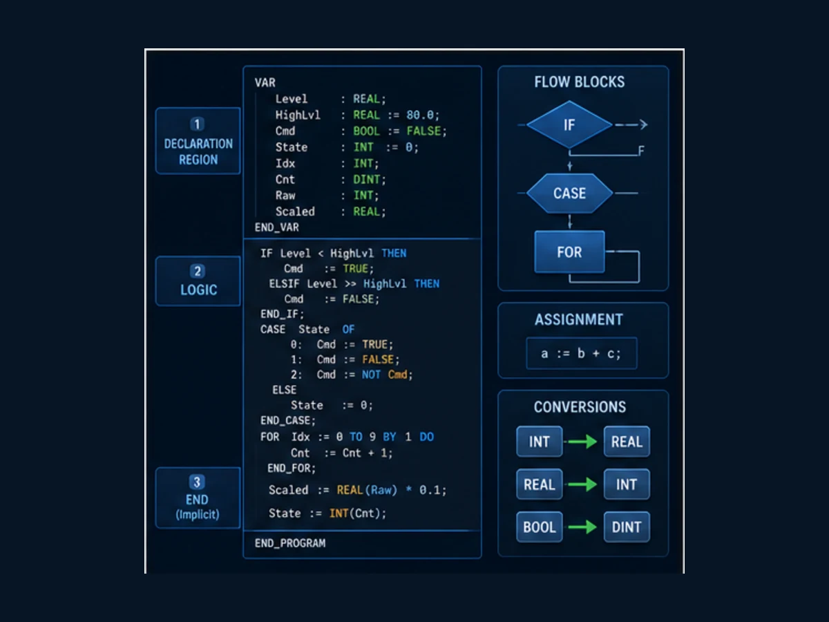 Structured Text syntax map separating typed declarations from assignments IF CASE FOR flow and explicit data conversions