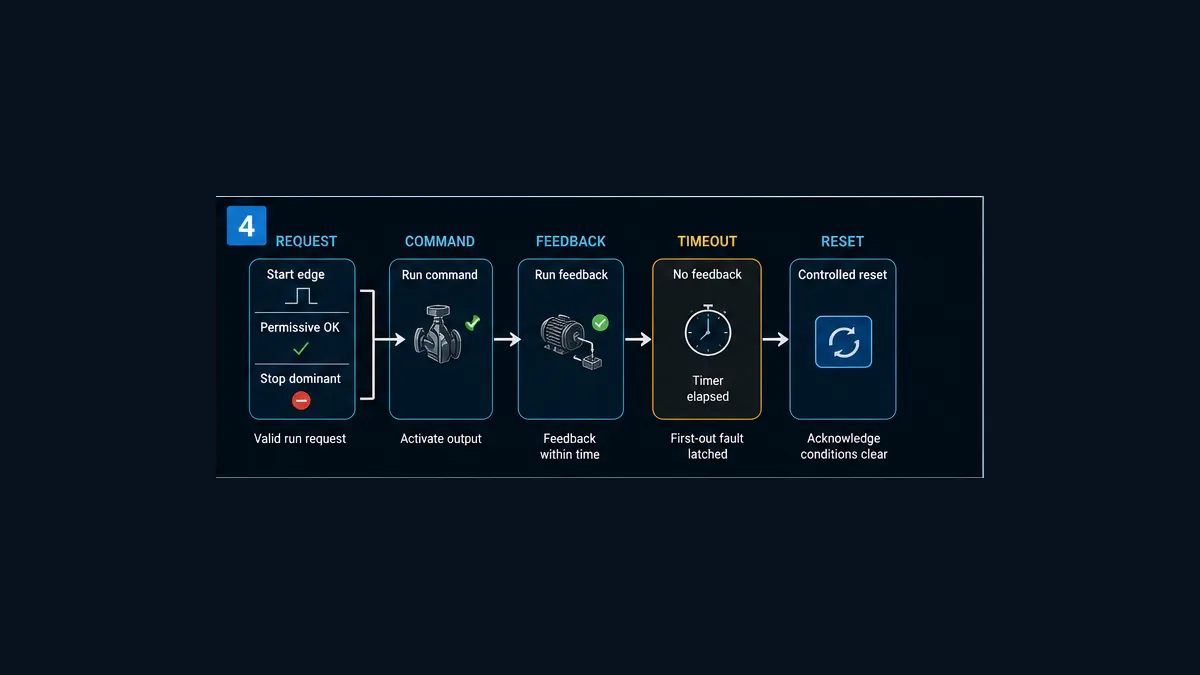 Pump feedback function block sequence from start edge and permissive through command feedback timeout fault and controlled reset