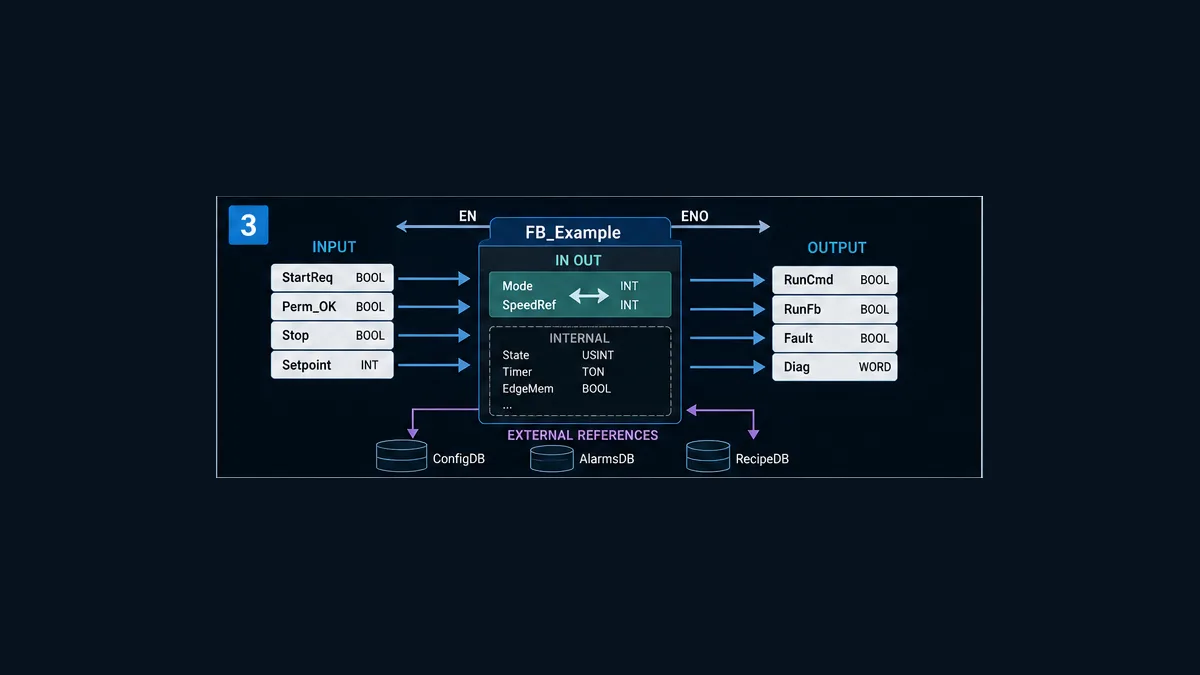 Conceptual CX-Programmer function block variable contract with inputs outputs in out internals external references EN and ENO