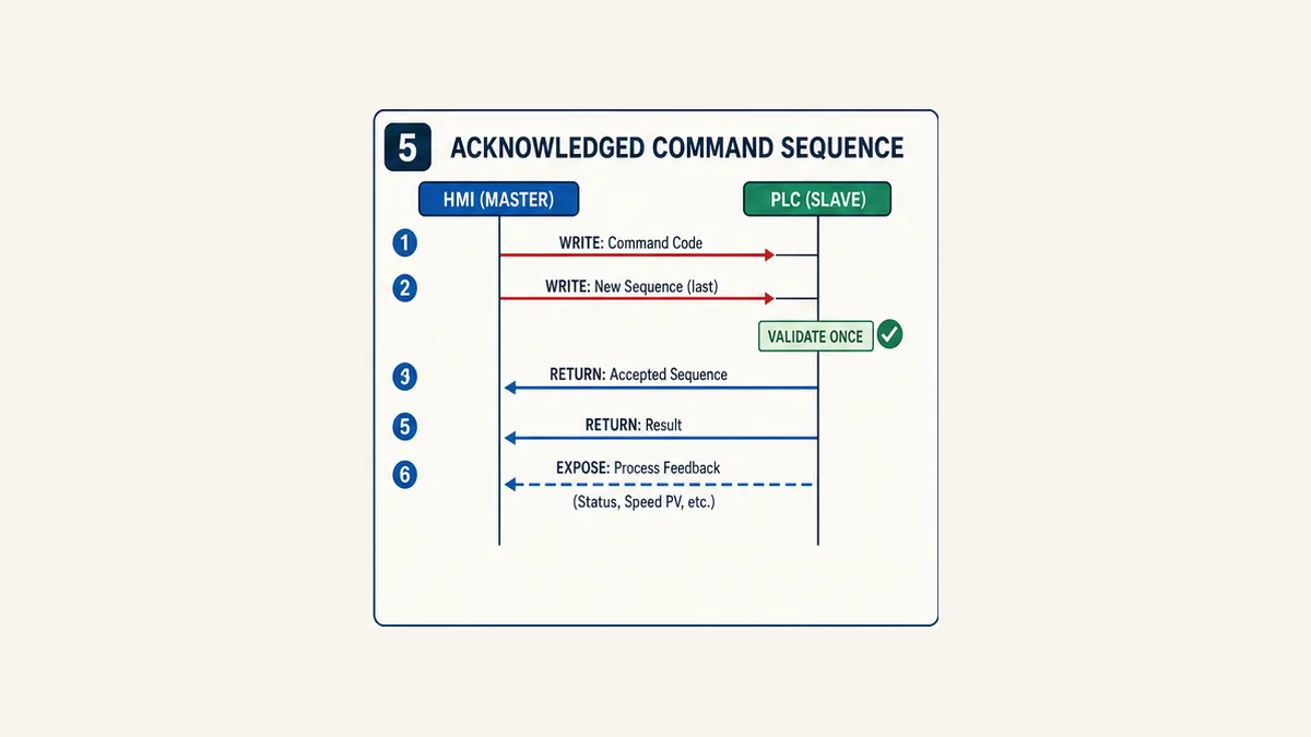 Delta HMI and PLC acknowledged command sequence with command code sequence validation acknowledgement result and process feedback
