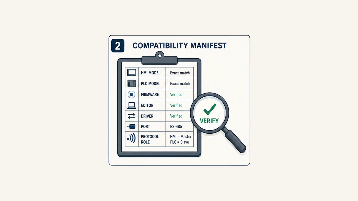 Compatibility manifest verifying Delta HMI and PLC models firmware editor driver port and protocol role