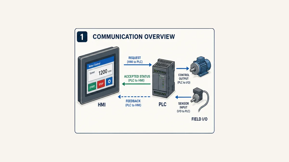 Delta HMI sending operator requests to a PLC that validates commands and returns accepted state and physical feedback