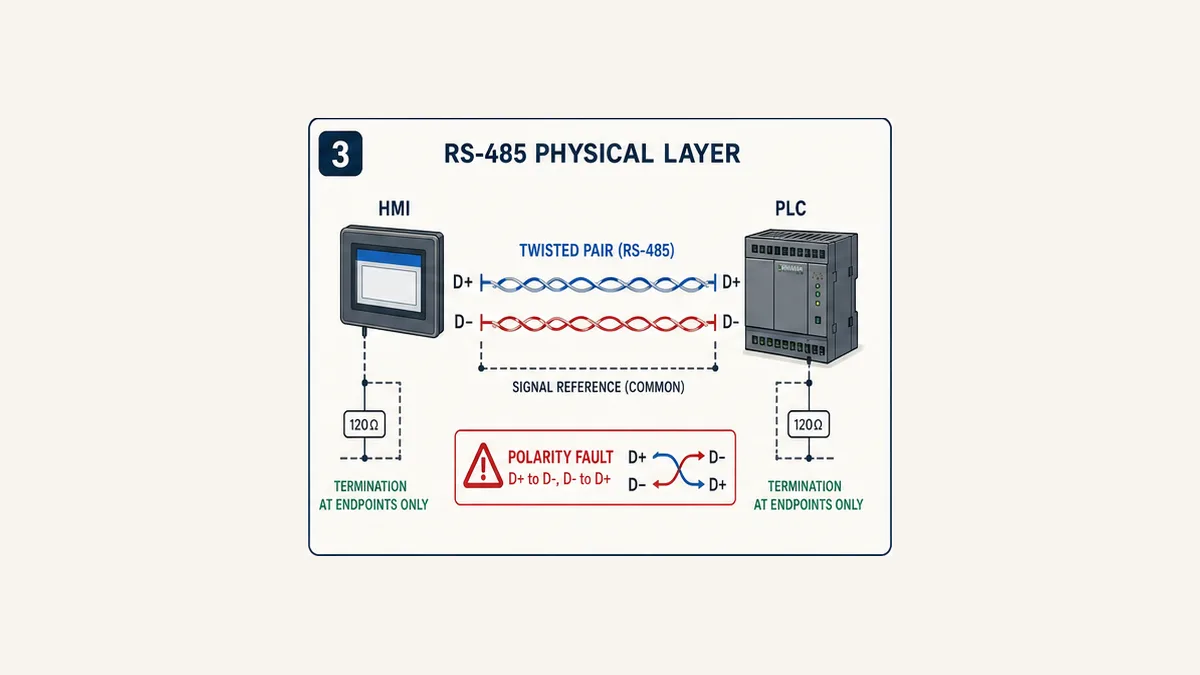 Two-wire RS-485 physical layer between HMI and PLC with matched polarity reference and endpoint termination concept