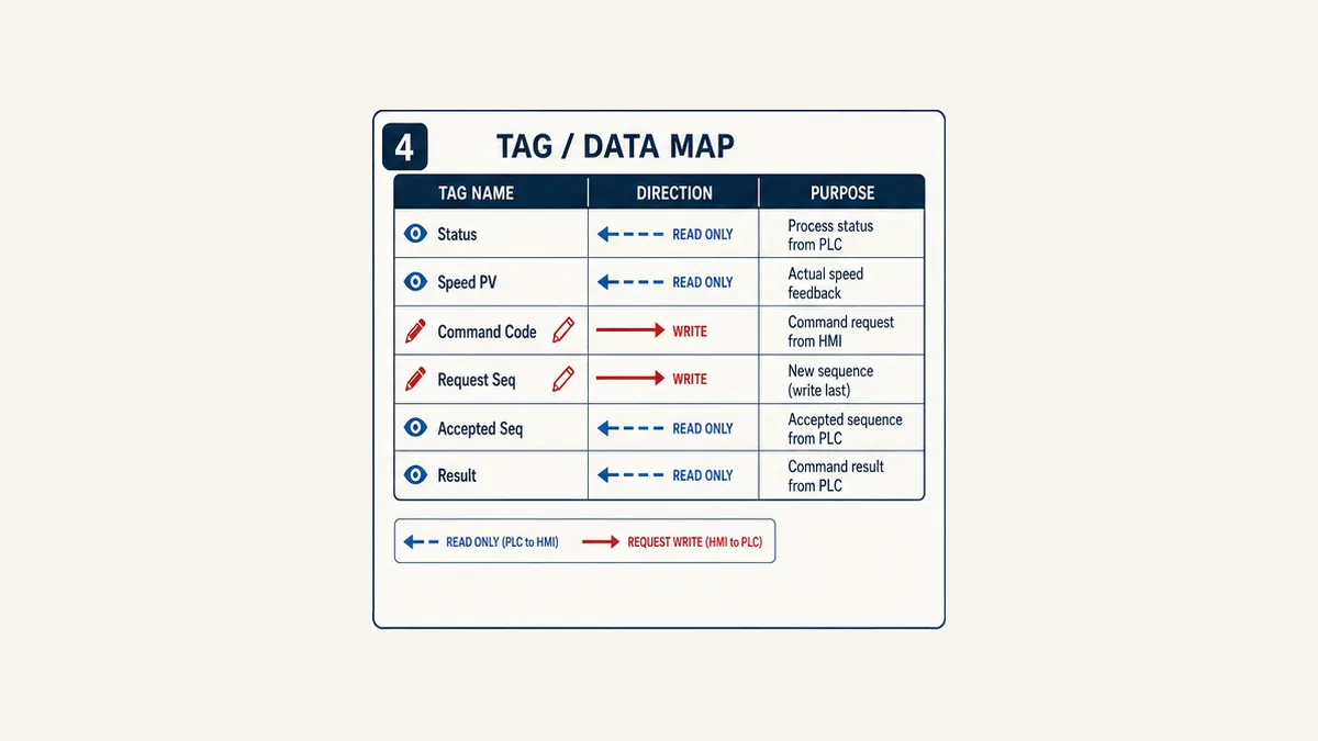 Delta PLC HMI data map separating read-only process status from HMI command requests and PLC acknowledgements