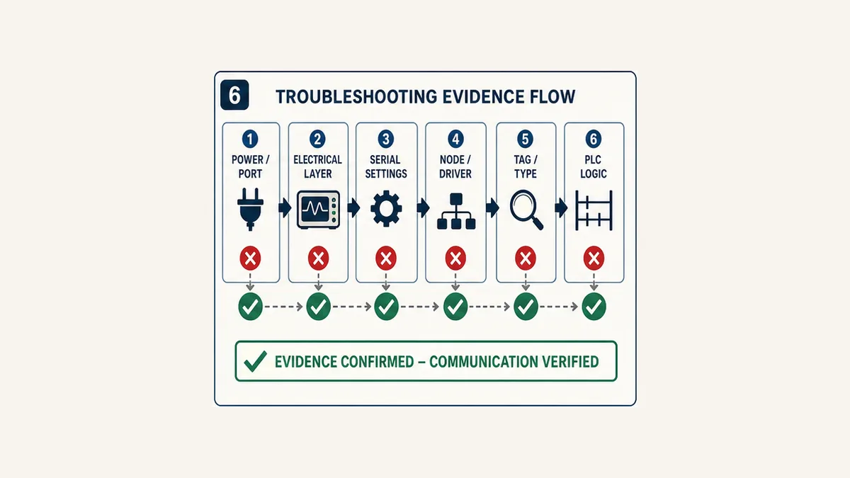 Delta HMI communication troubleshooting flow from power and port through electrical serial driver tag type and PLC logic evidence