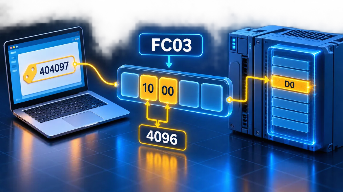 Worked Delta DVP D0 read connecting displayed reference 404097 to FC03 start bytes 10 00 and PDU offset 4096