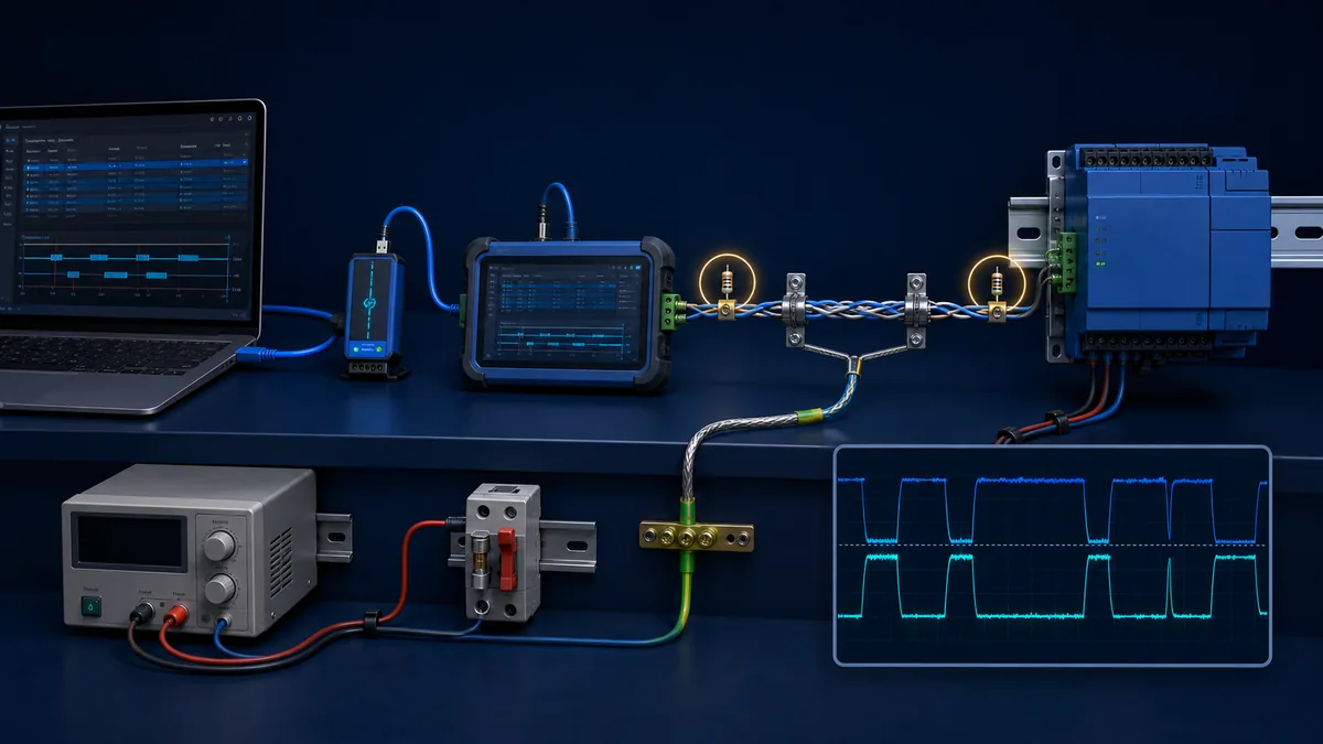 Isolated Modbus RTU bench with laptop adapter protocol analyzer twisted-pair trunk two end terminators and Delta-style PLC
