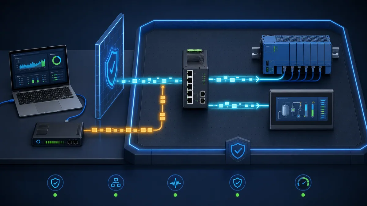 Segmented Modbus TCP test zone with engineering client passive capture managed switch PLC and HMI