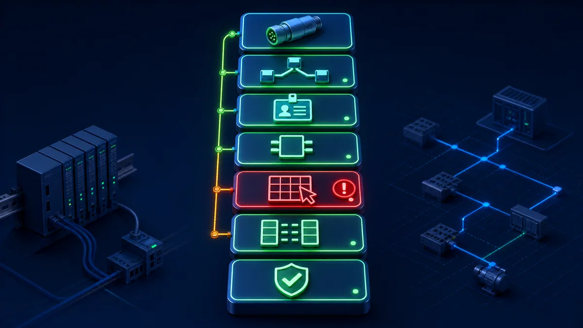 Seven-layer Modbus troubleshooting stack highlighting an address-grid fault between verified communication and application layers