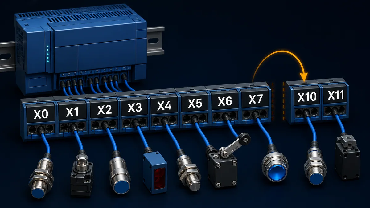 Delta DVP octal input sequence X0 through X7 followed by X10 and X11 with no X8 or X9