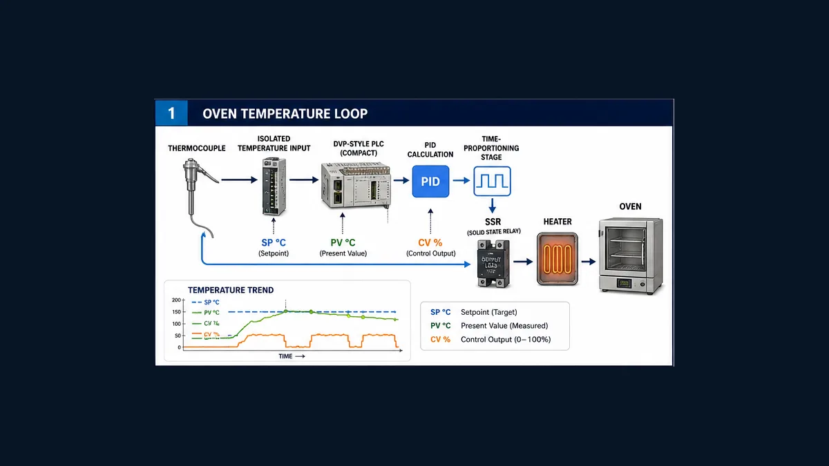 Conceptual Delta DVP oven PID loop with temperature sensor PLC PID calculation heater output and SP PV CV trend
