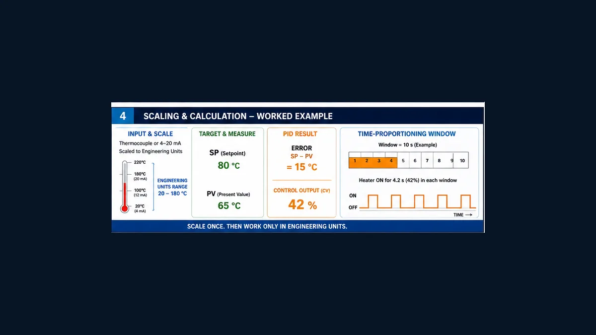 Worked Delta PLC PID teaching scale from raw temperature input through PV setpoint and percent heater demand