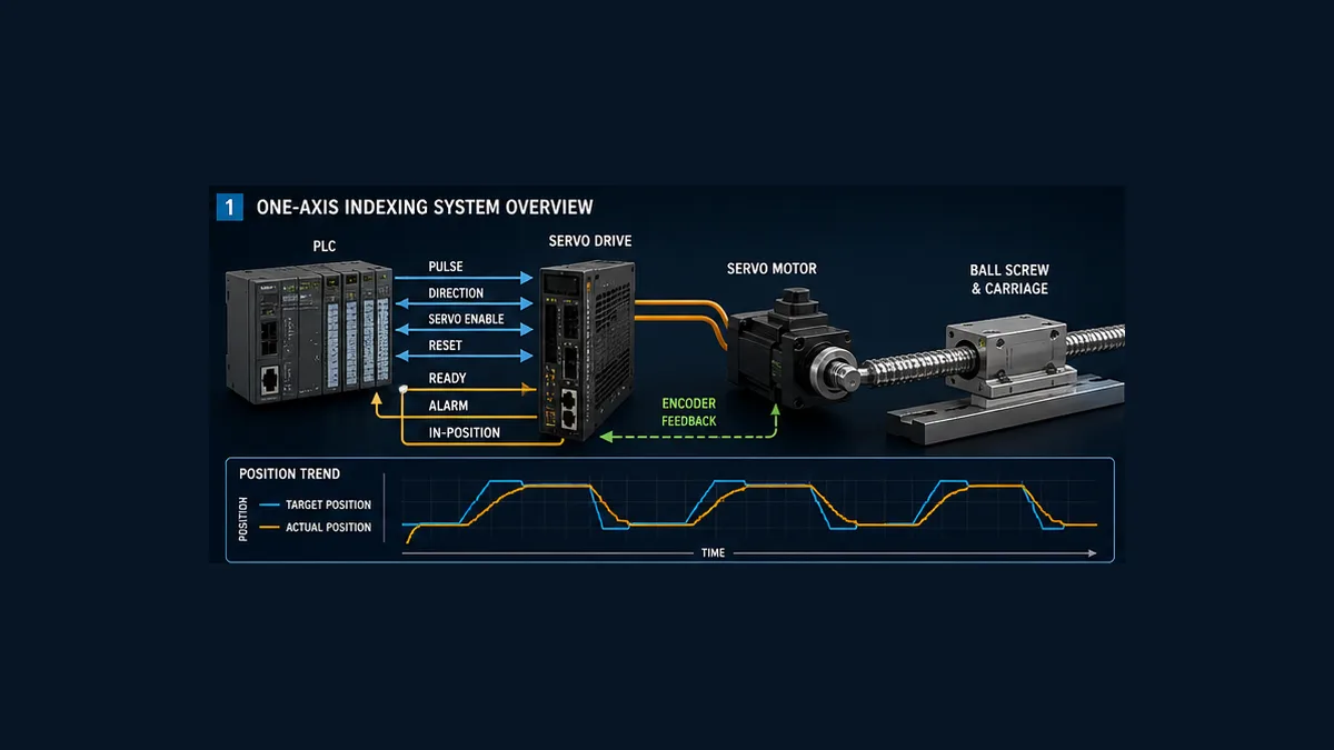 One-axis Delta DVP servo positioning concept with PLC pulse and direction command ASDA drive motor ball screw carriage status returns and position trend