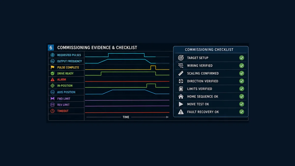 Servo commissioning evidence dashboard aligning requested pulses output frequency completion ready alarm in-position axis position limits timeout and checklist