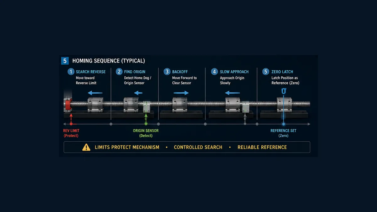 Typical servo homing sequence with protected reverse search origin detection backoff slow re-approach and zero reference latch