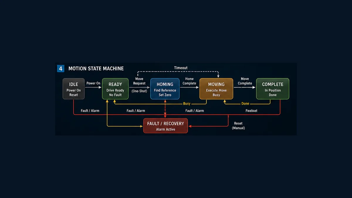 Motion state machine for Delta PLC servo control with Idle Ready Homing Moving Complete Fault and Recovery states