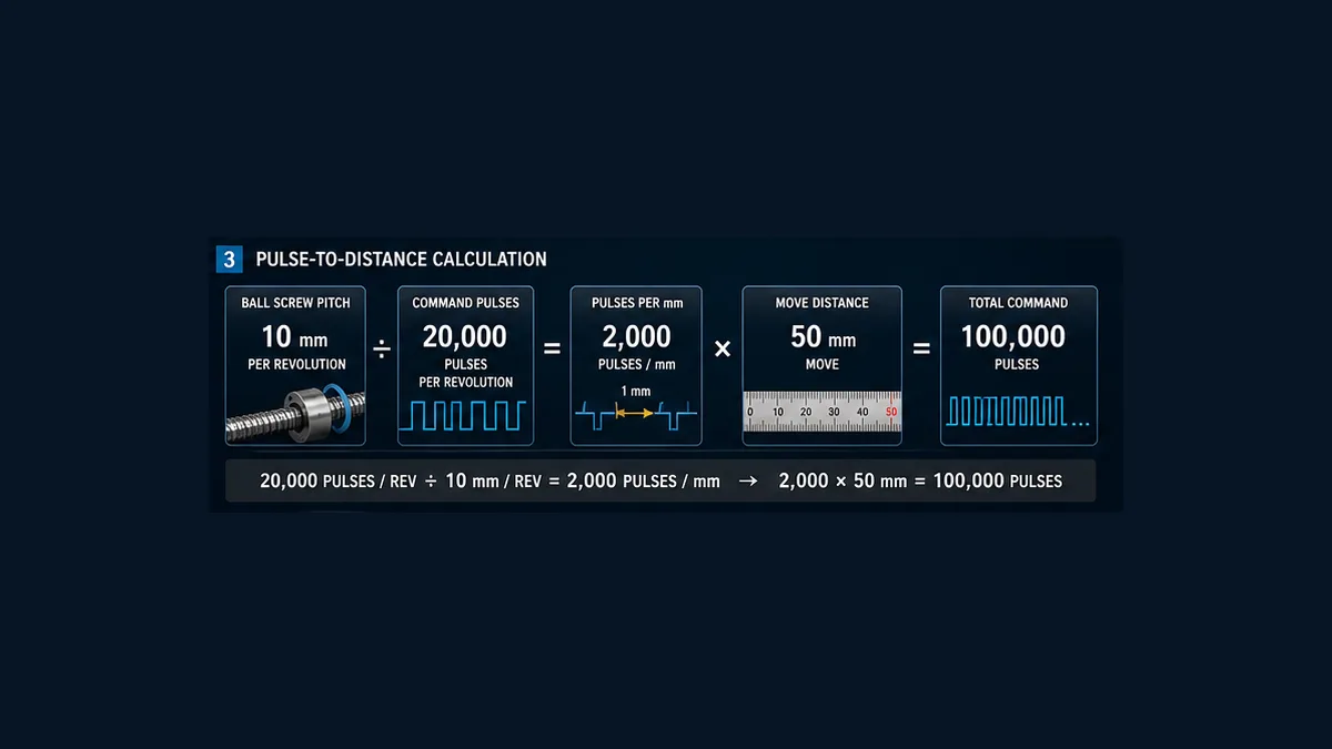 Worked servo calculation showing 10 millimeter screw pitch 20000 command pulses per revolution 2000 pulses per millimeter and 100000 pulses for a 50 millimeter move