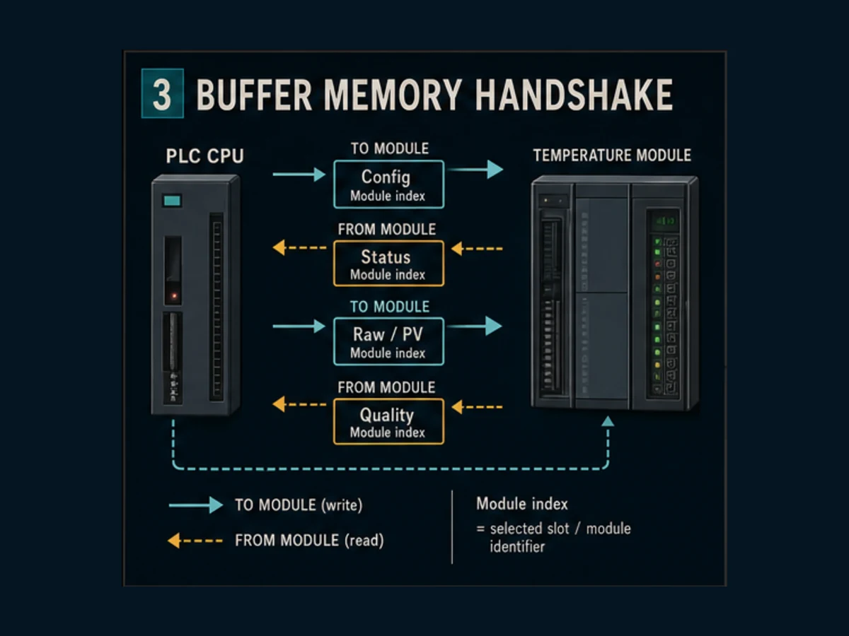 Generic Delta DVP PLC temperature-module buffer-memory handshake showing configuration writes and status process-value quality reads without invented addresses