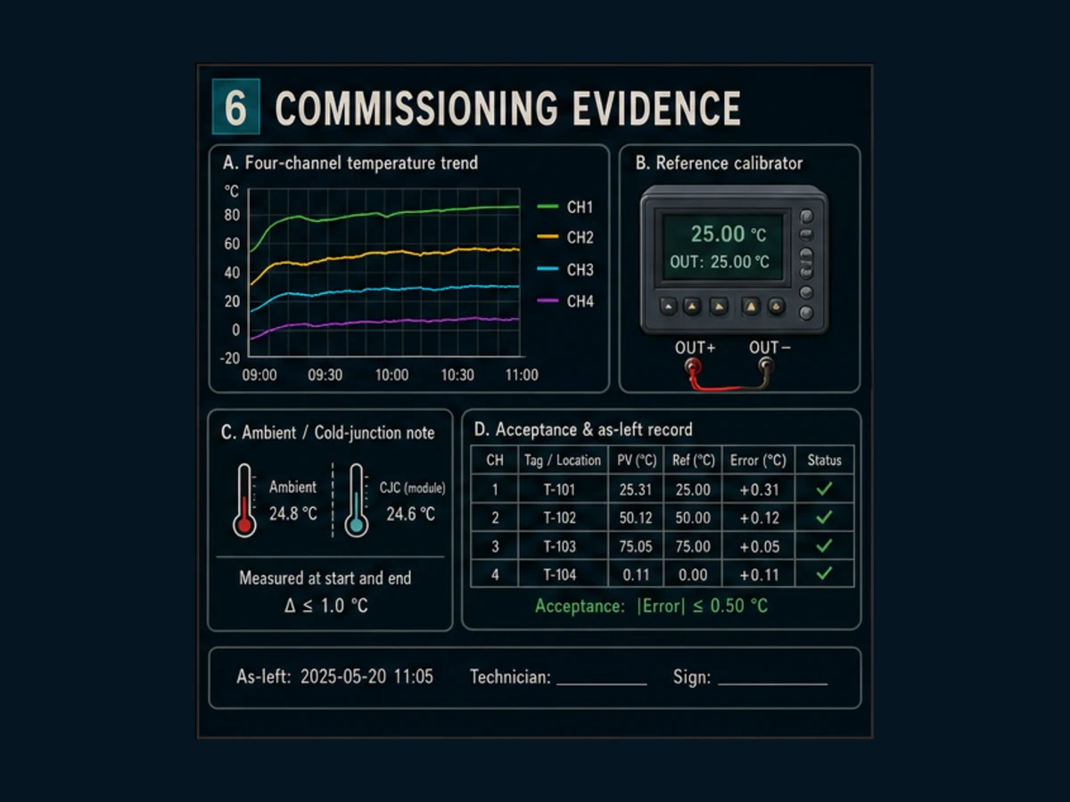Commissioning evidence for a four-channel Delta temperature module with trend reference calibrator ambient cold-junction note and acceptance record