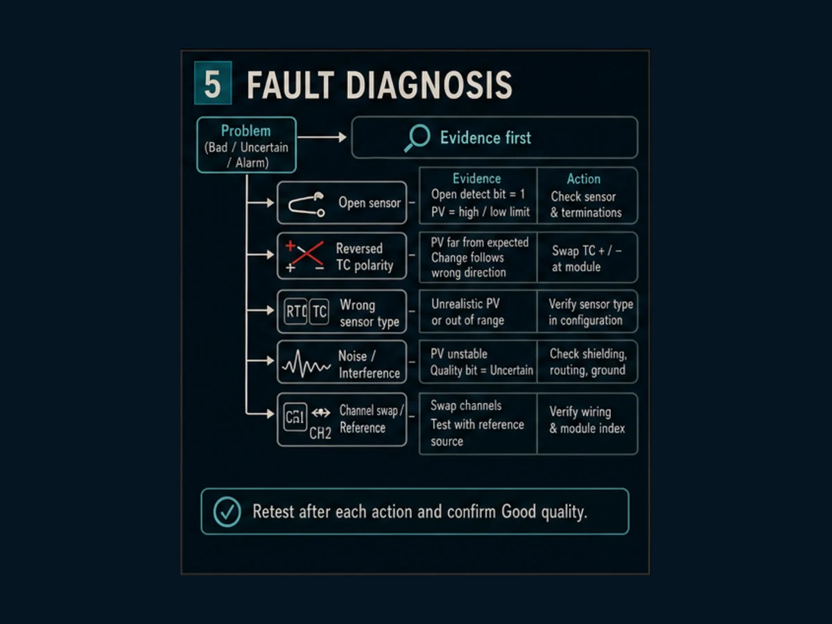 Evidence-first diagnosis for Delta PLC temperature module faults including open sensor reversed polarity wrong sensor type noise and channel swap