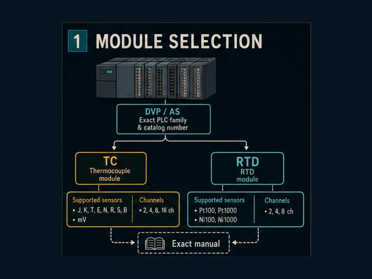 Delta PLC temperature module selection path from exact DVP or AS catalog number to thermocouple or RTD sensor and exact manual