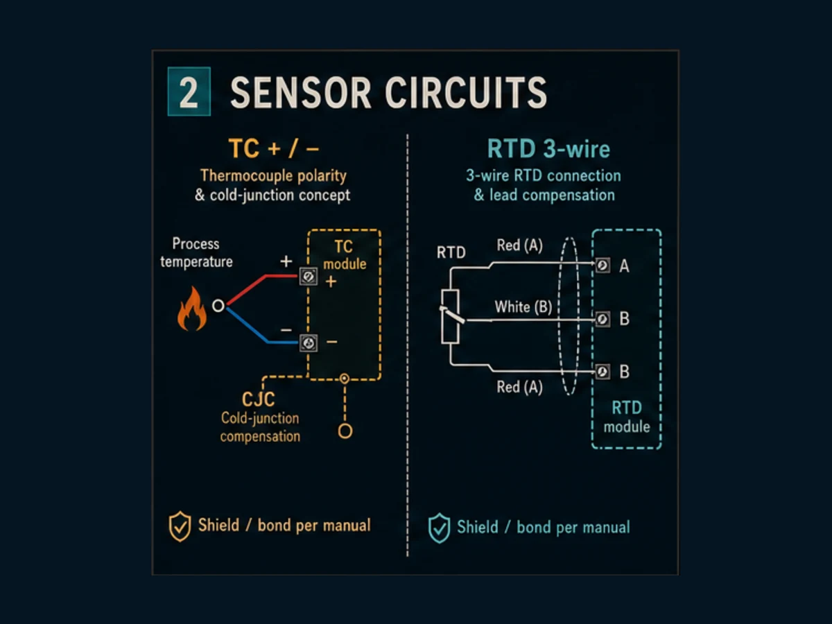 Conceptual thermocouple polarity and cold-junction circuit beside a three-wire RTD lead-compensation circuit for a Delta temperature module
