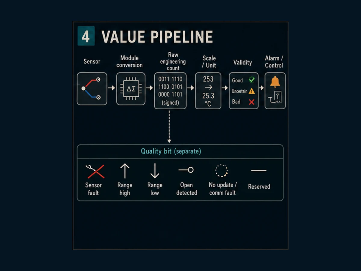 Delta PLC temperature signal pipeline from sensor and module conversion through signed value scaling, separate quality, alarm and control