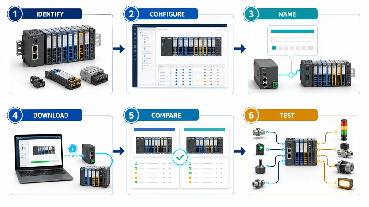 Six-stage remote IO commissioning workflow from exact identification through configuration naming download comparison and testing
