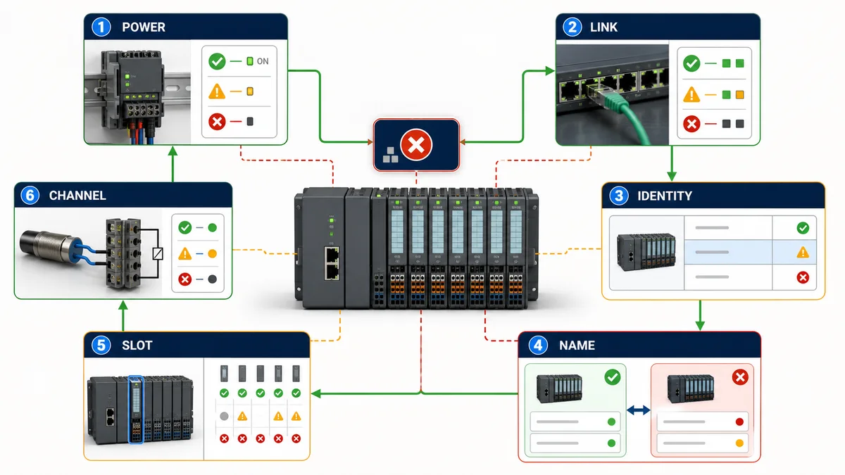 Six-layer PROFINET remote IO troubleshooting map covering power link identity name slot and channel evidence