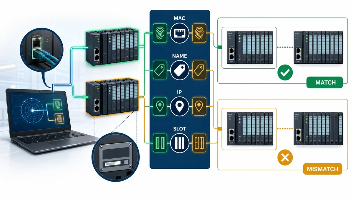 PROFINET remote IO identity comparison using physical article MAC station name IP and slot order evidence