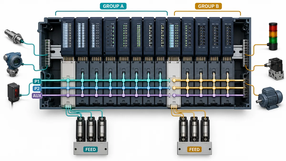 Conceptual modular IO BaseUnits with two separately fed potential groups and interrupted P1 P2 and AUX rails