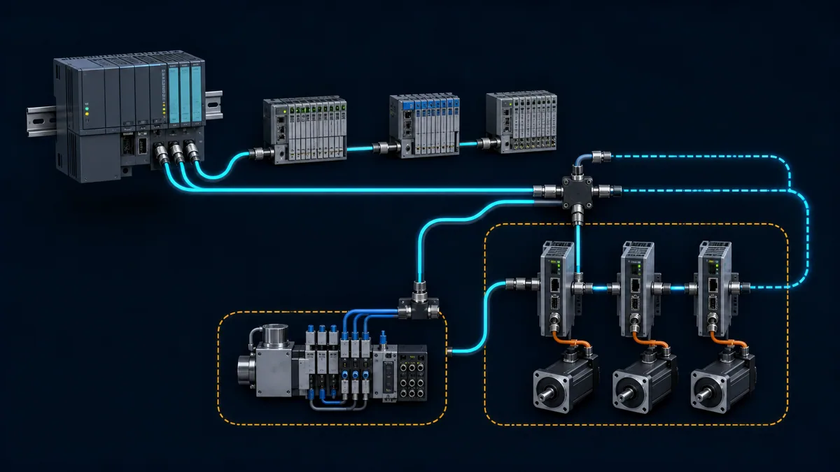 EtherCAT MainDevice connected to line, junction branches, distributed I O, servo segments and a redundant return path