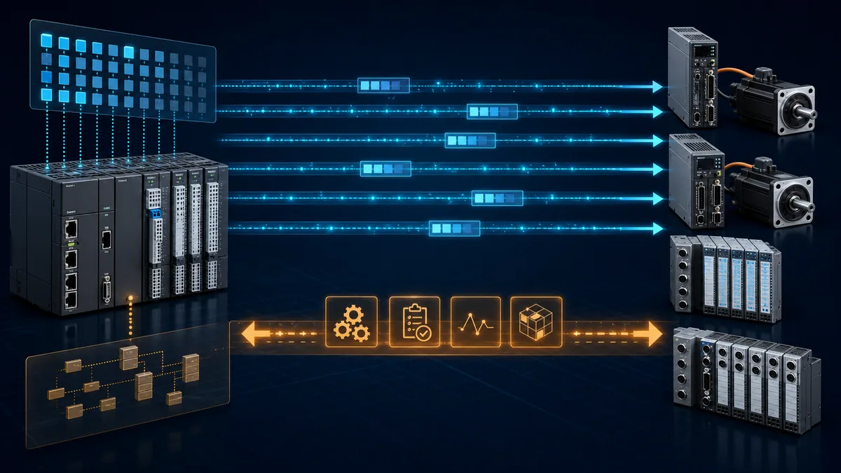 Fast cyclic EtherCAT PDO lanes linking PLC variables with drive and I O data alongside a slower mailbox configuration channel