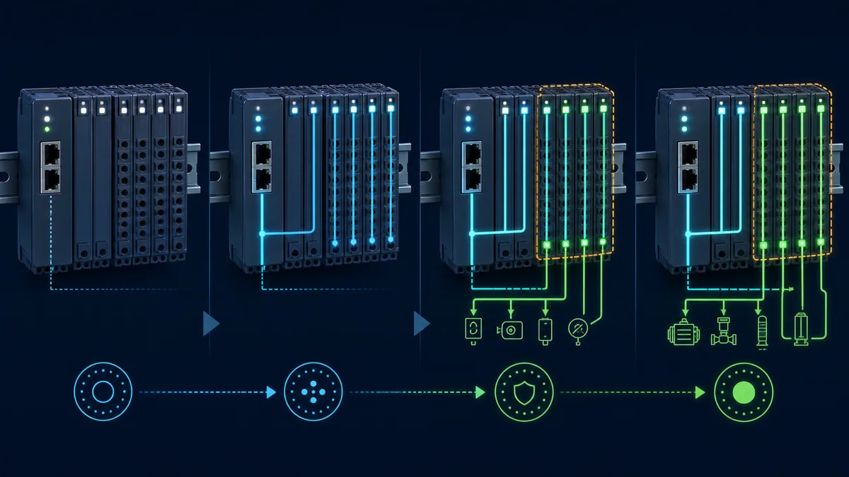 EtherCAT SubDevice progressing from initialization through configuration and safe input exchange to full operational process data