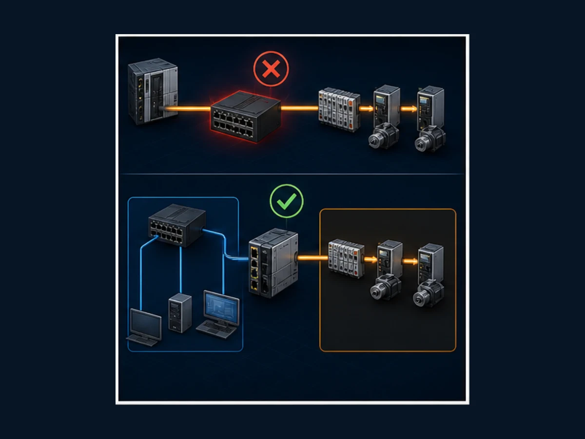 Incorrect office Ethernet switch inside an EtherCAT device line compared with separated plant Ethernet and EtherCAT networks joined at a controlled PLC boundary