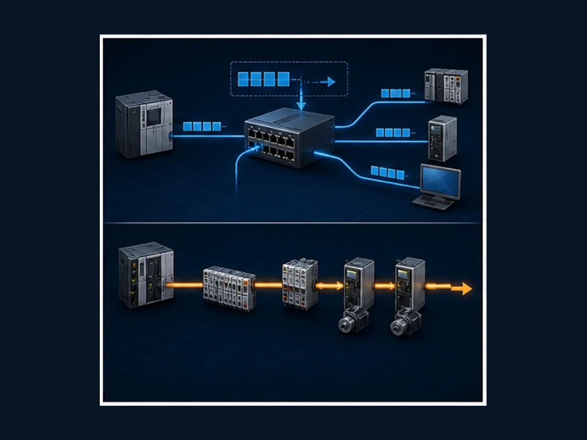 Ordinary Ethernet switch forwarding separate endpoint packets compared with one EtherCAT frame passing through industrial I O and servo nodes