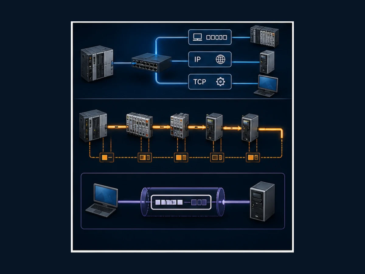 MAC IP and TCP addressed Ethernet endpoints compared with EtherCAT physical order and logical process image addressing plus a bounded Ethernet over EtherCAT tunnel