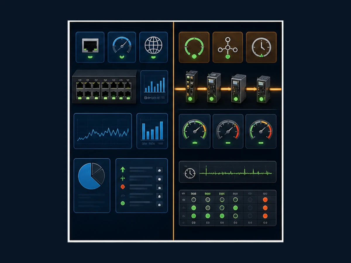 Split industrial diagnostic cockpit comparing Ethernet link switch IP and application evidence with EtherCAT topology state working counter timing and port evidence