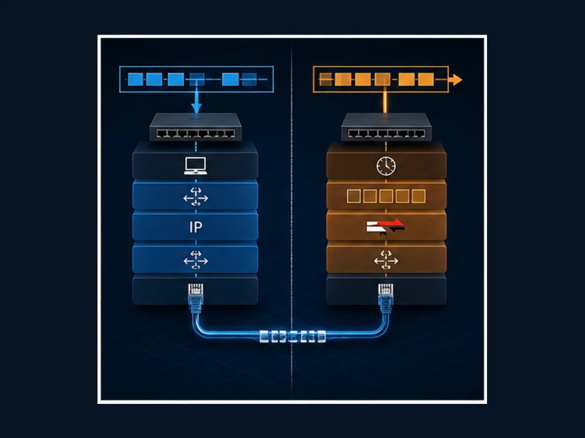 Conceptual comparison of an ordinary switched Ethernet and IP protocol stack with an EtherCAT real-time fieldbus stack sharing Ethernet physical technology