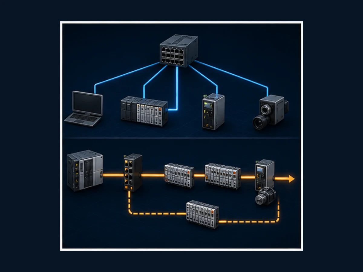 Conventional Ethernet switched star compared with an EtherCAT line and branch topology using EtherCAT capable junction ports