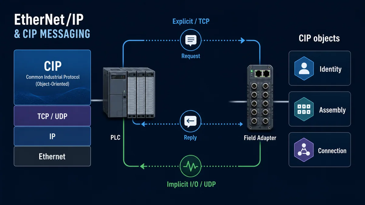 EtherNet IP protocol stack showing CIP Identity Assembly and Connection objects with explicit TCP and implicit UDP communication paths