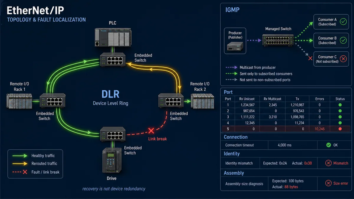EtherNet IP Device Level Ring rerouting after a link break with IGMP multicast control port connection identity and assembly diagnostics