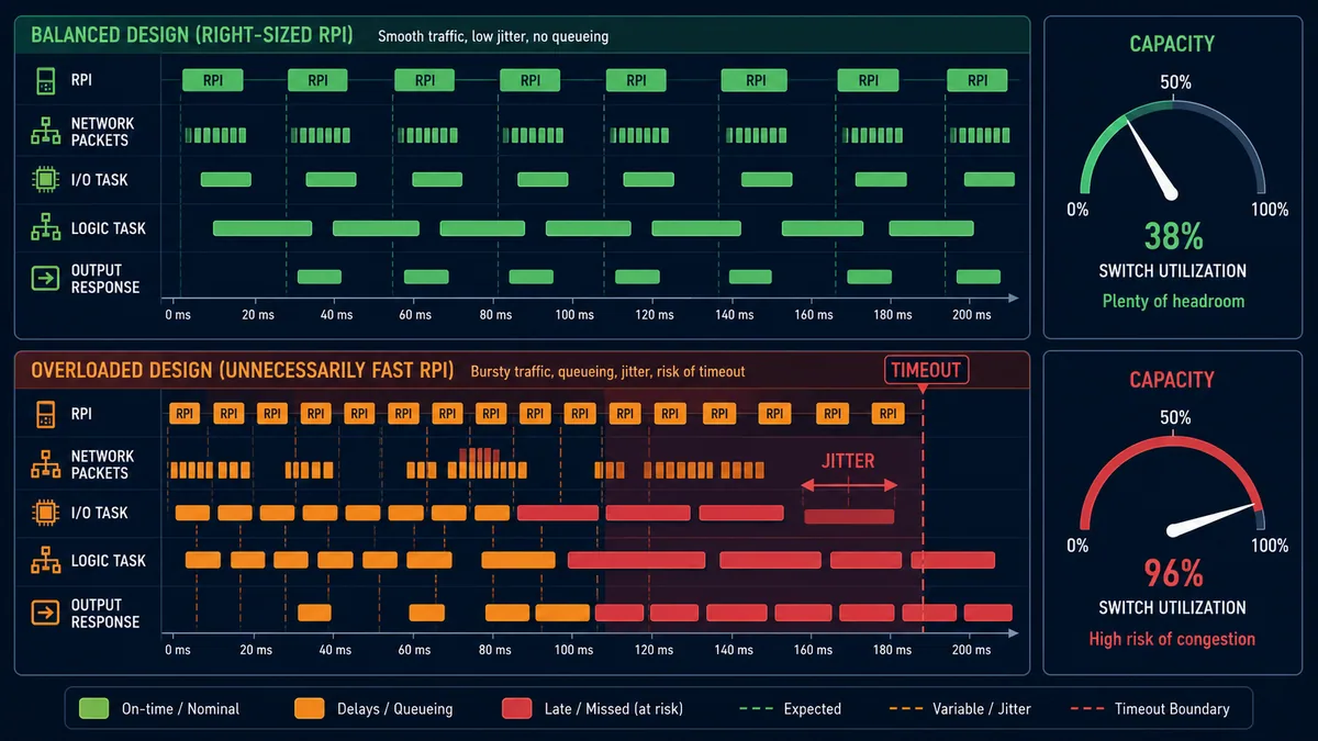EtherNet IP balanced and overloaded RPI schedules showing network packets PLC IO task logic task response jitter capacity and timeout