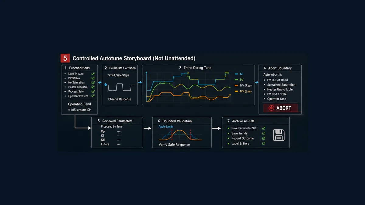 Controlled FX5U PID autotune storyboard from preconditions and excitation through abort limits parameter review bounded validation and as-left archive
