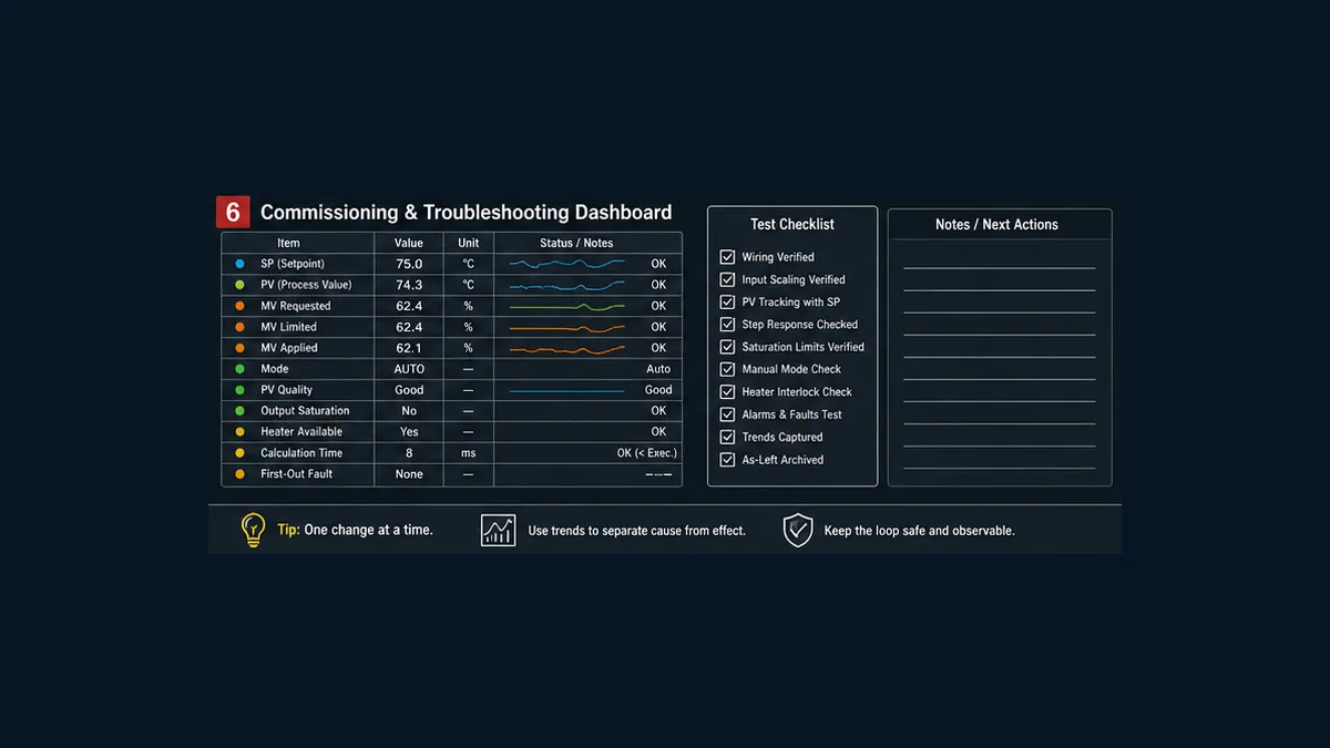 FX5U PID commissioning dashboard aligning SV PV requested limited and applied MV mode quality saturation heater availability timing and first-out fault